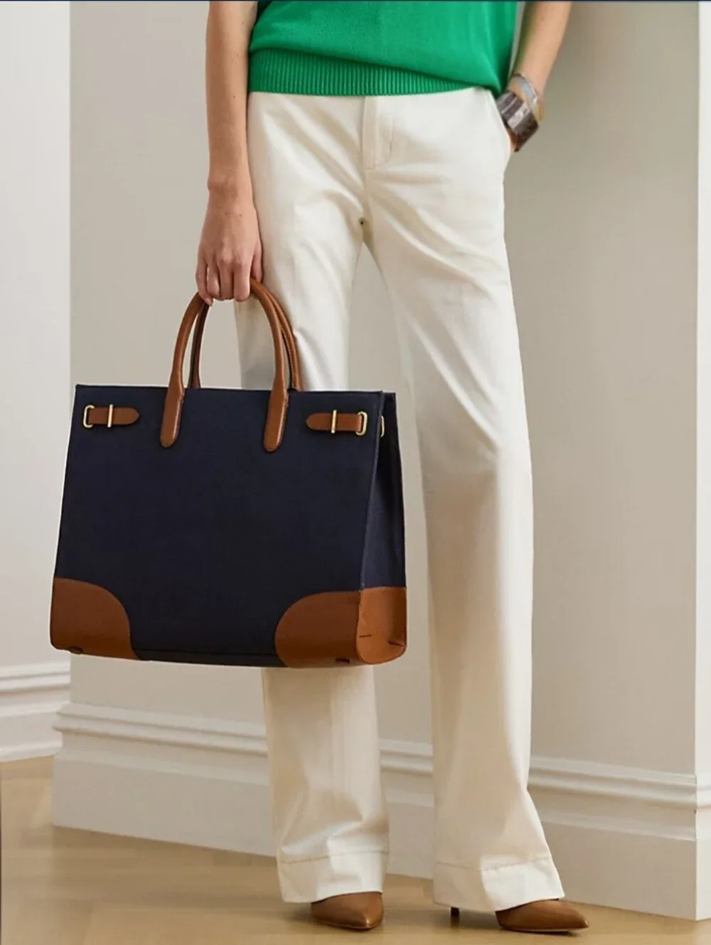 Ralph Lauren Navy Canvas and Brown Leather Tote - Picture 2 of 9